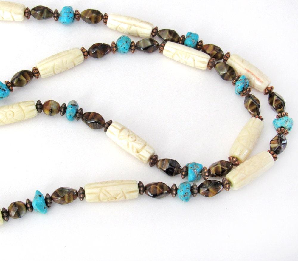 Tiger's Eye Turtle Necklace with Turquoise & Carved Bone - Multi Stone Beaded Statement Necklace