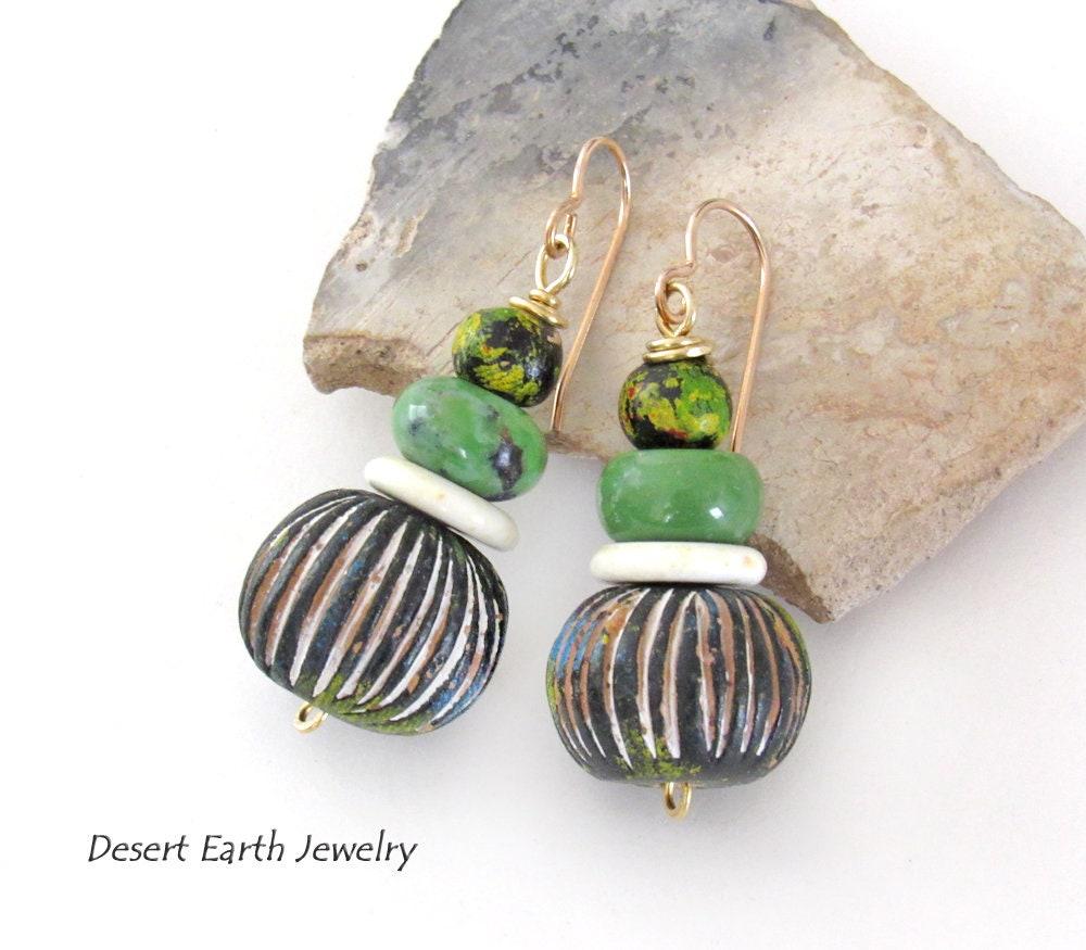 Carved African Clay Earrings with Green Serpentine Gemstones - Earthy Boho Style Handmade Jewelry