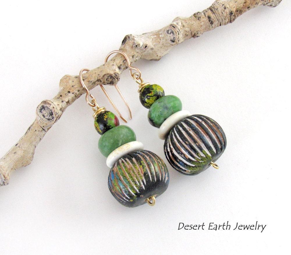 Carved African Clay Earrings with Green Serpentine Gemstones - Earthy Boho Style Handmade Jewelry