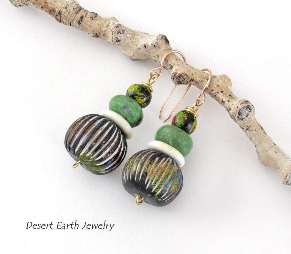 Carved African Clay Earrings with Green Serpentine Gemstones - Earthy Boho Style Handmade Jewelry