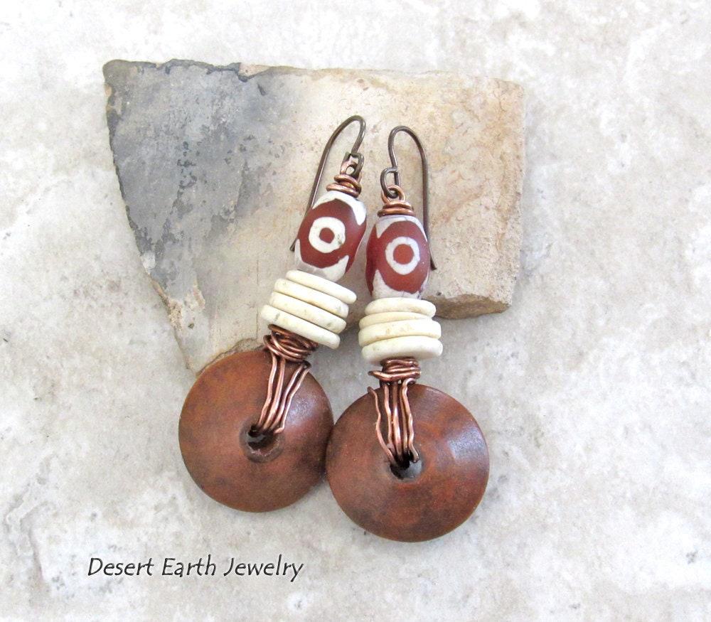 Etched Tibetan Agate Stone Earrings with Copper Wire Wrapped Brown Wood Dangles