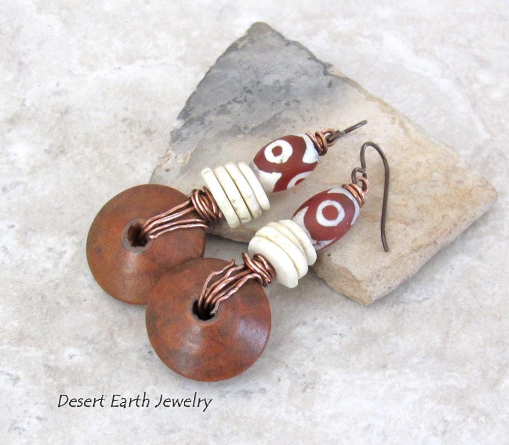 Etched Tibetan Agate Stone Earrings with Copper Wire Wrapped Brown Wood Dangles