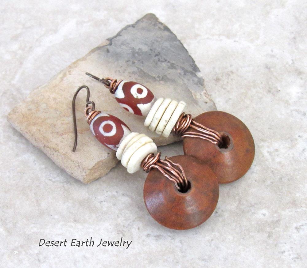 Etched Tibetan Agate Stone Earrings with Copper Wire Wrapped Brown Wood Dangles