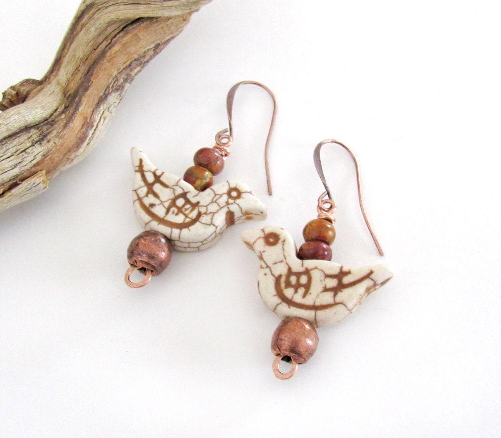 Bird Earrings with Jasper Stones & Copper Beads - Cute Whimsical Jewelry Gifts for Birdwatchers & Bird Lovers