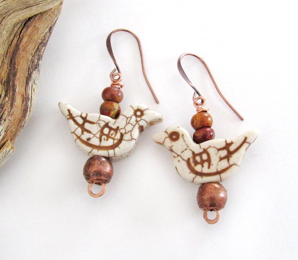 Bird Earrings with Jasper Stones & Copper Beads - Cute Whimsical Jewelry Gifts for Birdwatchers & Bird Lovers