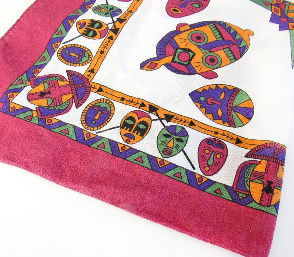 Bright Colorful African Mask Scarf Bandana - Made in the USA -100% Cotton - Unique Vintage Afrocentric Fashion