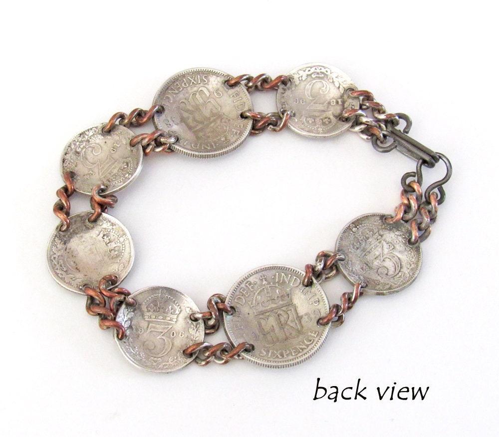 Vintage British Silver Coin Bracelet With Three-Pence and Sixpence Coins Dated 1896 to 1939 - Jewelry Gifts for Coin Collecto