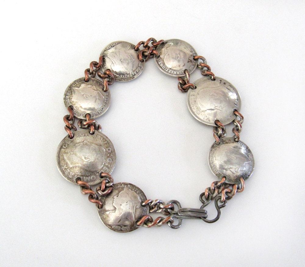 Vintage British Silver Coin Bracelet With Three-Pence and Sixpence Coins Dated 1896 to 1939 - Jewelry Gifts for Coin Collecto