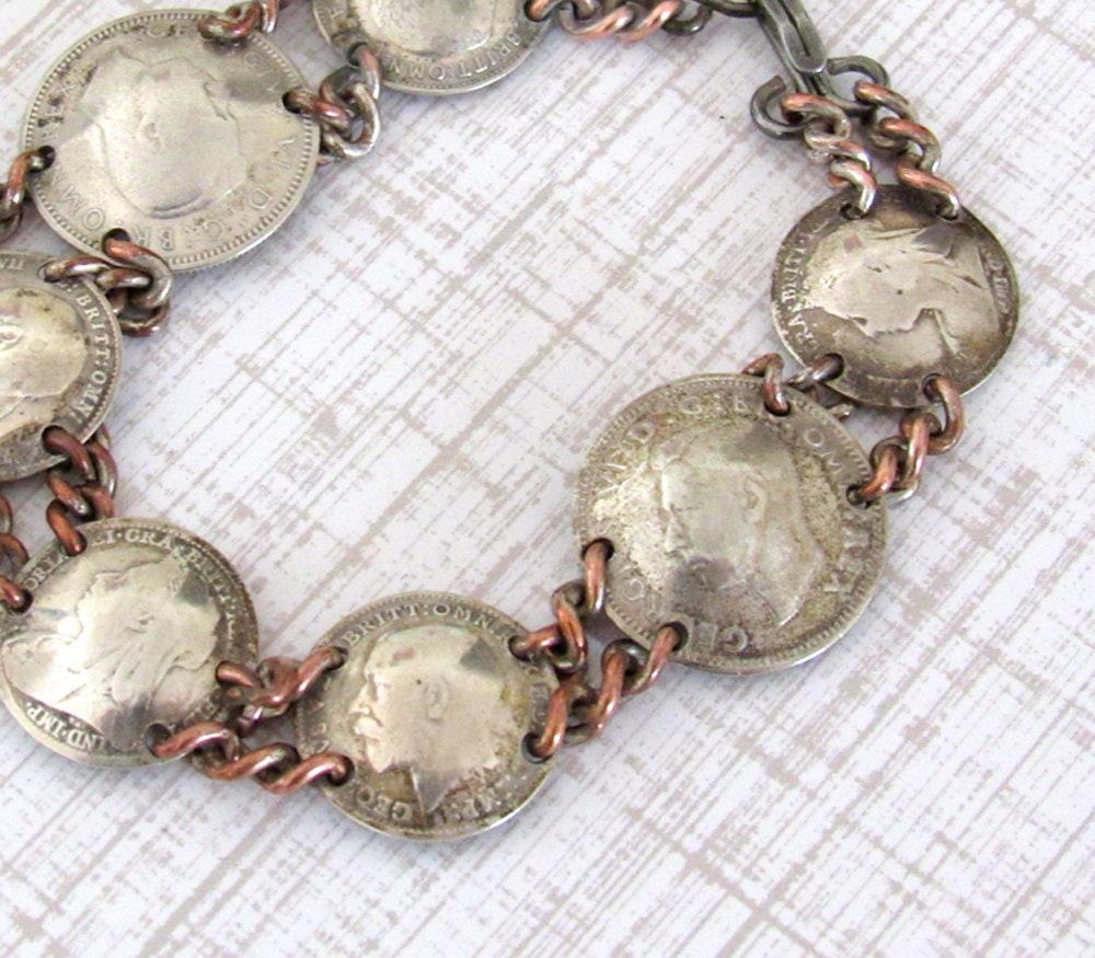 Vintage British Silver Coin Bracelet With Three-Pence and Sixpence Coins Dated 1896 to 1939 - Jewelry Gifts for Coin Collecto