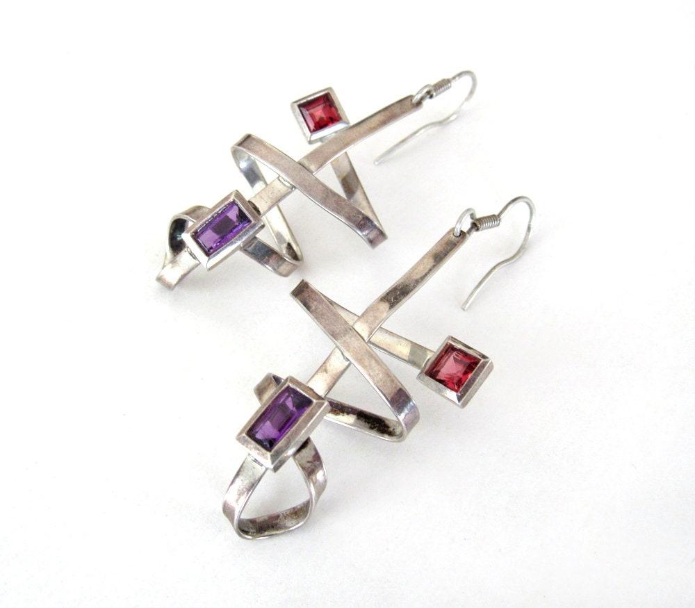 Abstract Sterling Silver Earrings with Purple & Ruby Colored Glass Cabochons - Vintage Avant Garde Jewelry