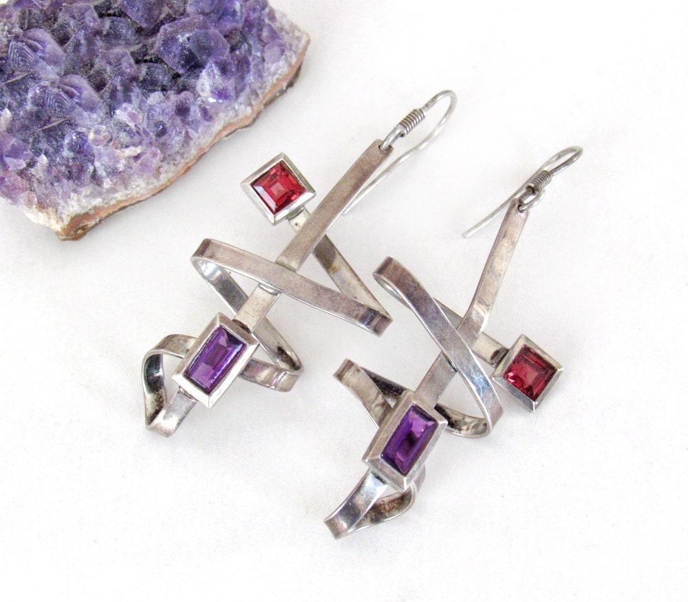 Abstract Sterling Silver Earrings with Purple & Ruby Colored Glass Cabochons - Vintage Avant Garde Jewelry