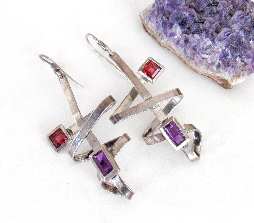 Abstract Sterling Silver Earrings with Purple & Ruby Colored Glass Cabochons - Vintage Avant Garde Jewelry