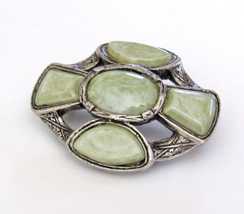 Vintage Silver Tone Pin Brooch with Faux Green Stones - Art Deco Style Costume Jewelry - Sweater / Scarf Pin