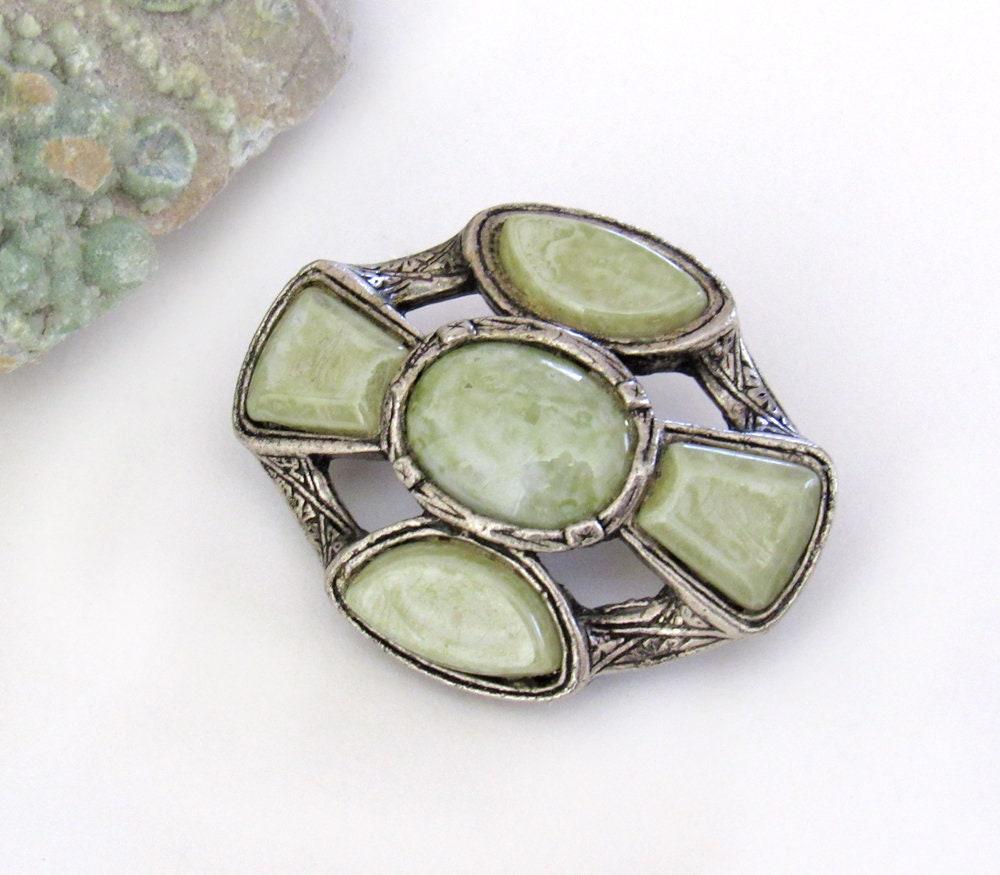 Vintage Silver Tone Pin Brooch with Faux Green Stones - Art Deco Style Costume Jewelry - Sweater / Scarf Pin