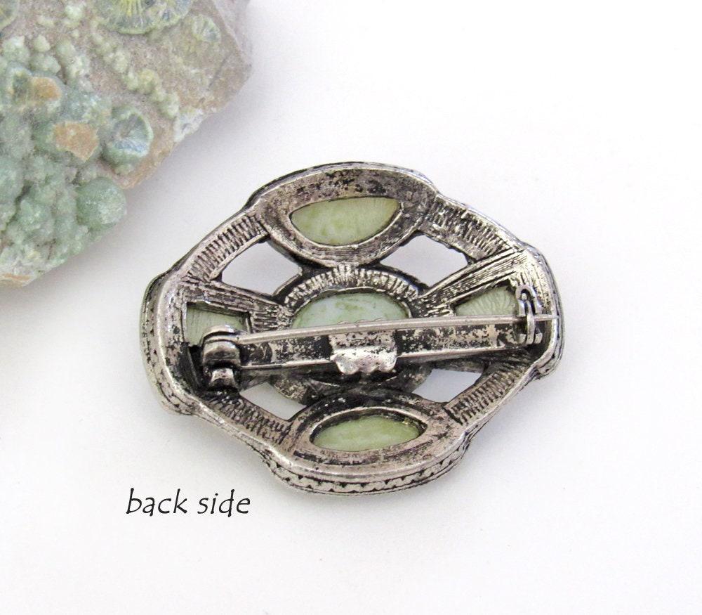 Vintage Silver Tone Pin Brooch with Faux Green Stones - Art Deco Style Costume Jewelry - Sweater / Scarf Pin