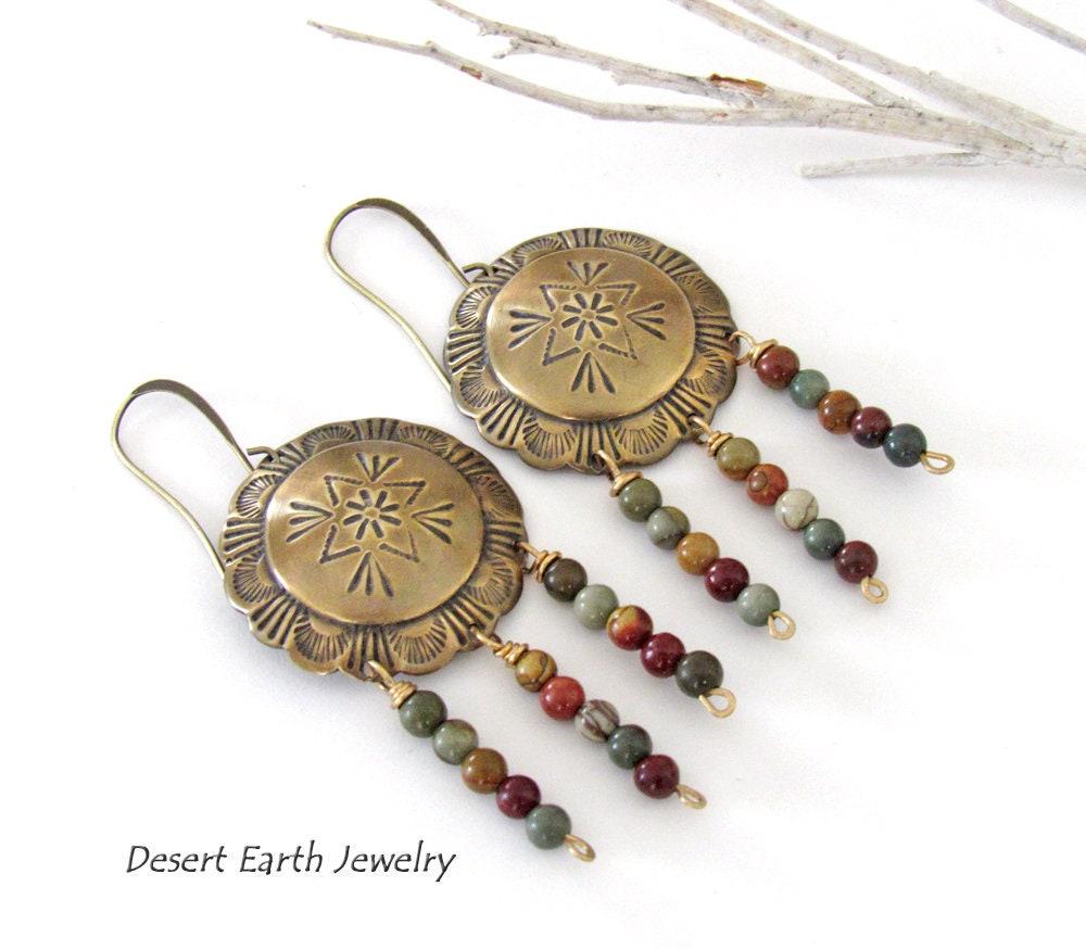 Brass Concho Earrings with Jasper Stone Fringe Dangles - Earthy Boho Tribal Southwestern Style Jewelry