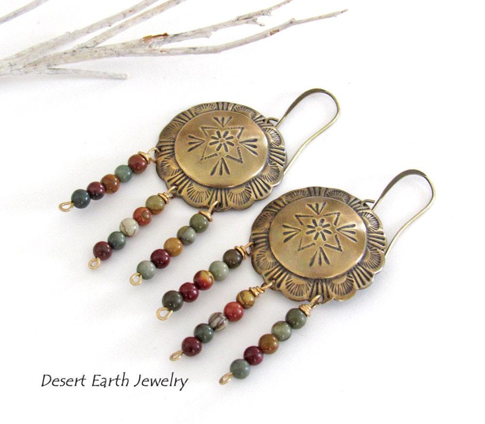 Brass Concho Earrings with Jasper Stone Fringe Dangles - Earthy Boho Tribal Southwestern Style Jewelry