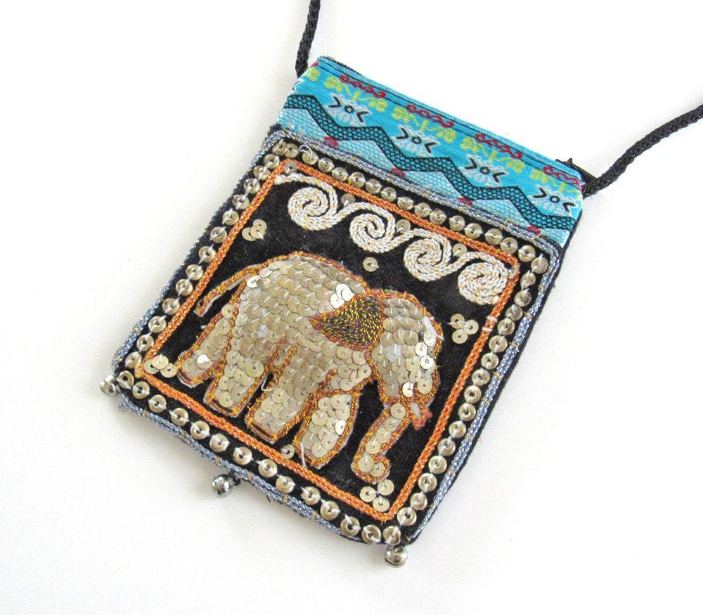 Elephant Sequin Embroidered Cross Body Bag - Ethnic Boho Vintage Fashion Handbag