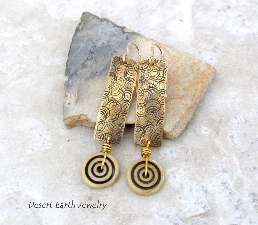 Textured Gold Brass Rectangle Dangle Earrings with African Beads - Earthy Boho Hippie Bohemian Jewelry