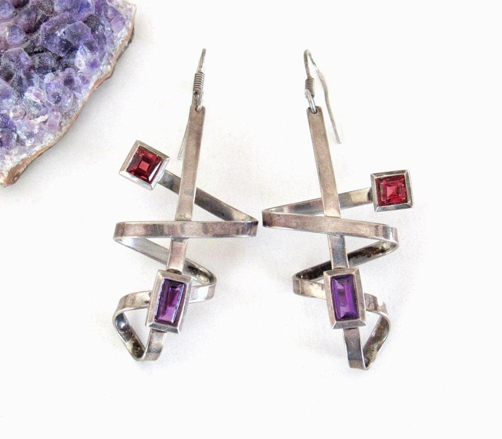 Abstract Sterling Silver Earrings with Purple & Ruby Colored Glass Cabochons - Vintage Avant Garde Jewelry