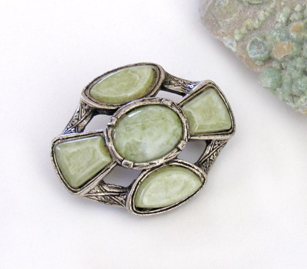 Vintage Silver Tone Pin Brooch with Faux Green Stones - Art Deco Style Costume Jewelry - Sweater / Scarf Pin