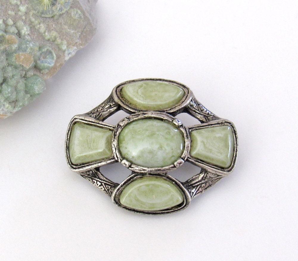 Vintage Silver Tone Pin Brooch with Faux Green Stones - Art Deco Style Costume Jewelry - Sweater / Scarf Pin