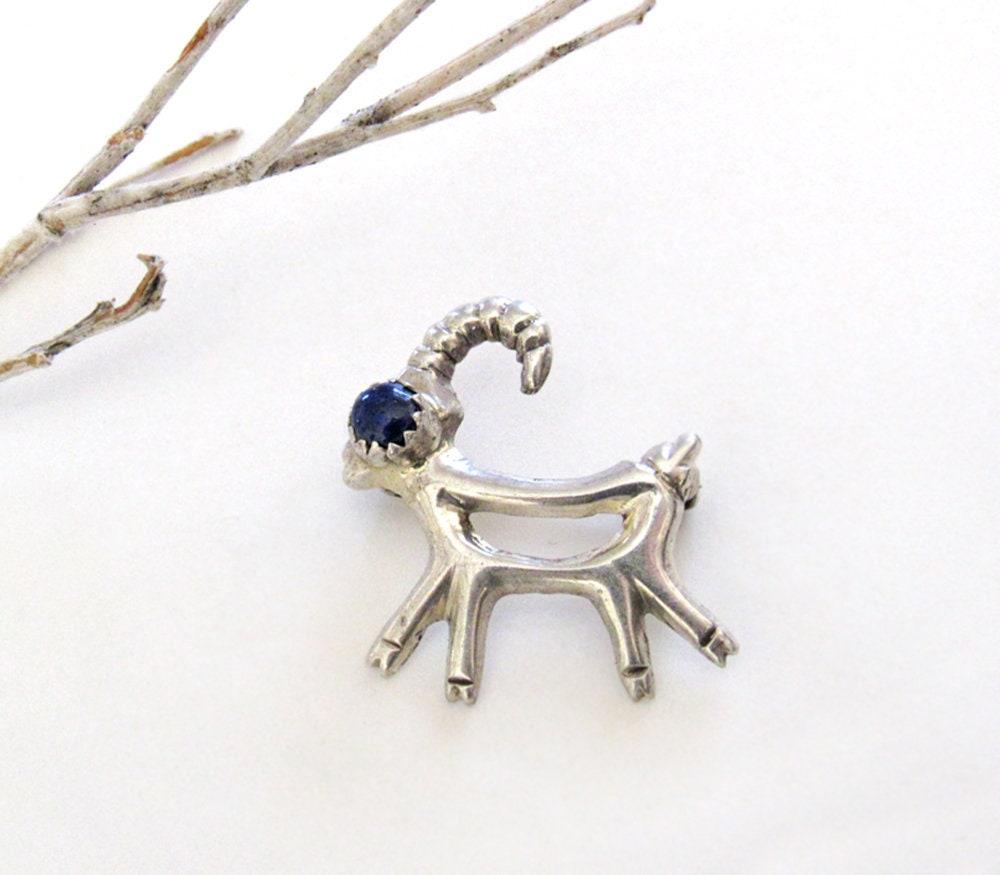 Sterling Silver Antelope Reindeer Pin with Blue Lapis Stone - Cute Whimsical Animal Lover Jewelry Gifts