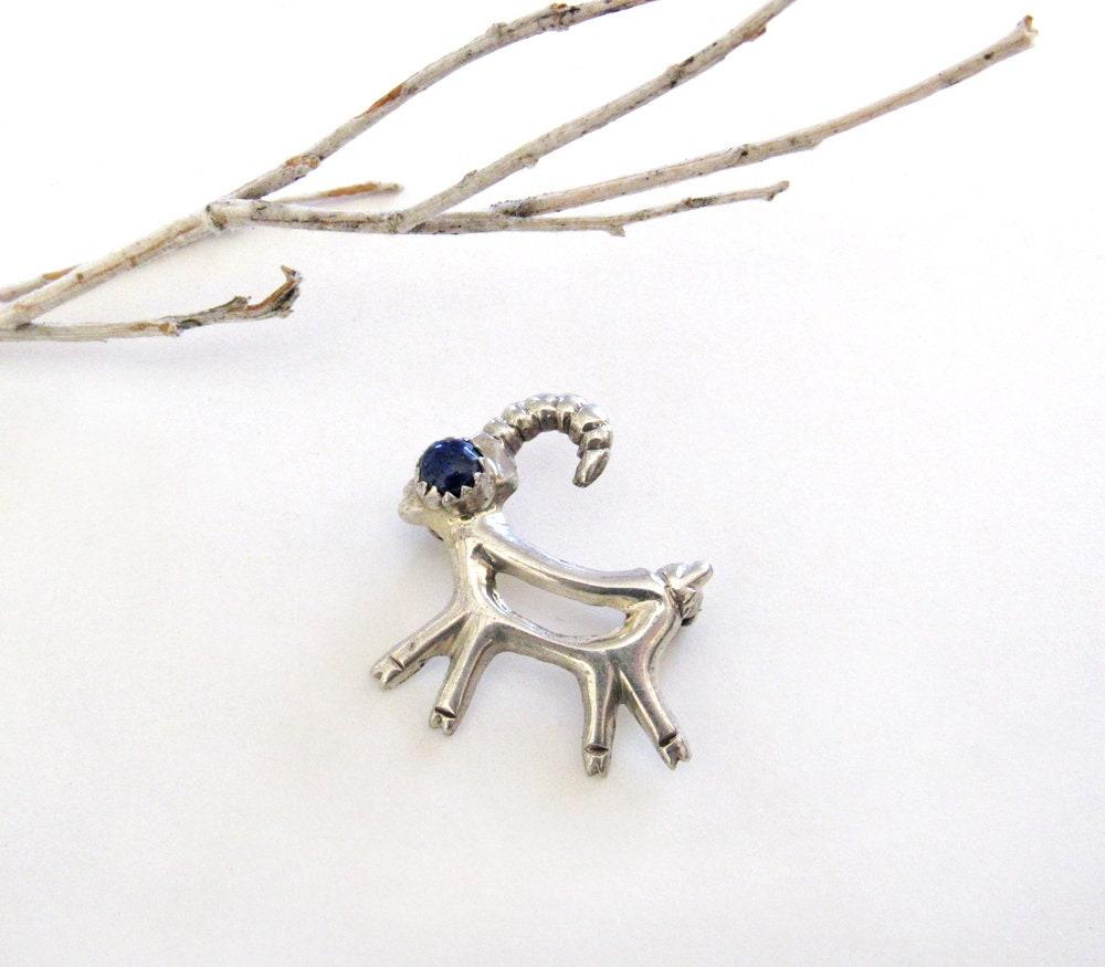 Sterling Silver Antelope Reindeer Pin with Blue Lapis Stone - Cute Whimsical Animal Lover Jewelry Gifts