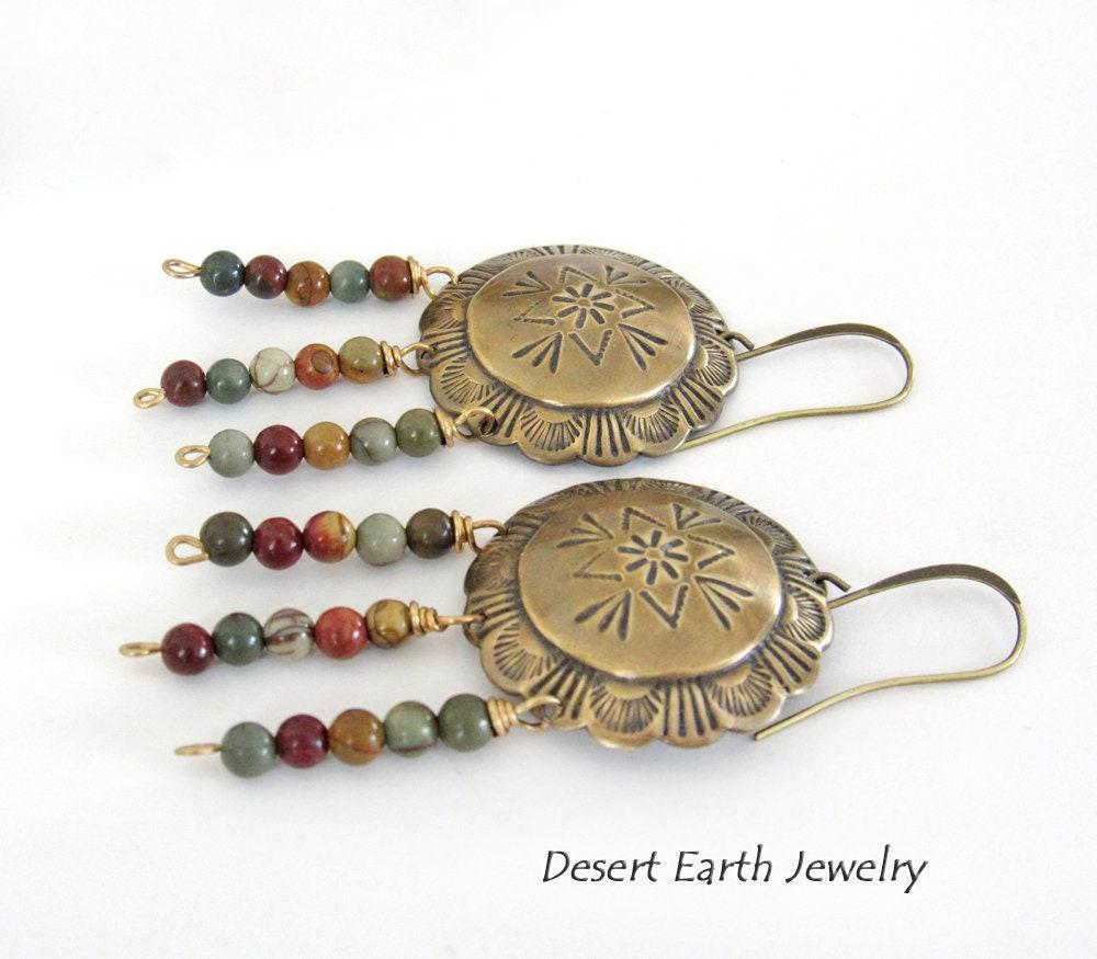 Brass Concho Earrings with Jasper Stone Fringe Dangles - Earthy Boho Tribal Southwestern Style Jewelry