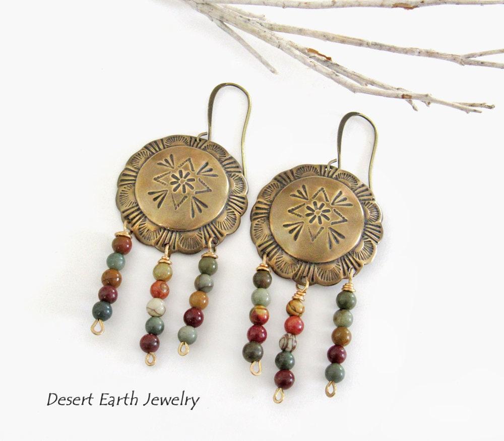 Brass Concho Earrings with Jasper Stone Fringe Dangles - Earthy Boho Tribal Southwestern Style Jewelry