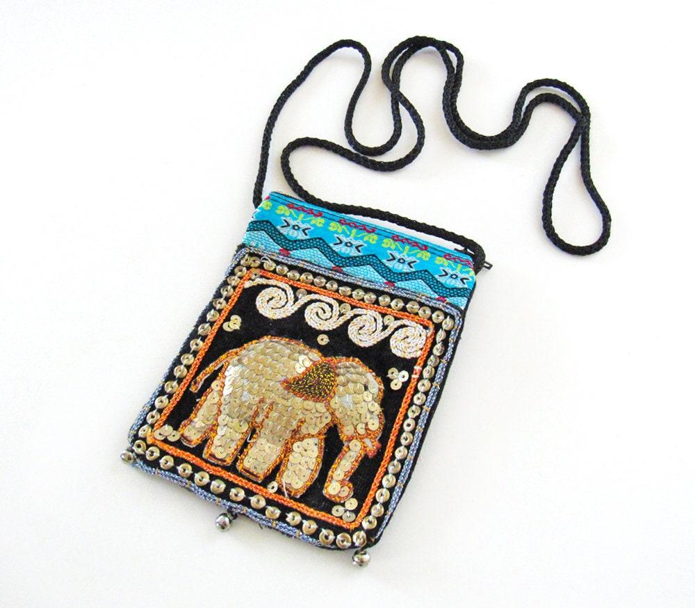 Elephant Sequin Embroidered Cross Body Bag - Ethnic Boho Vintage Fashion Handbag