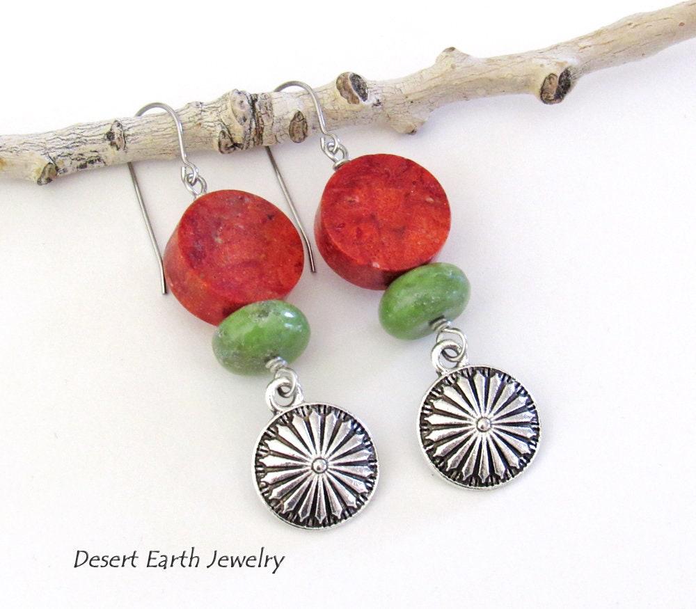 Silver Concho Dangle Earrings with Red Coral & Green Serpentine Stones - Colorful Boho Southwestern Jewelry