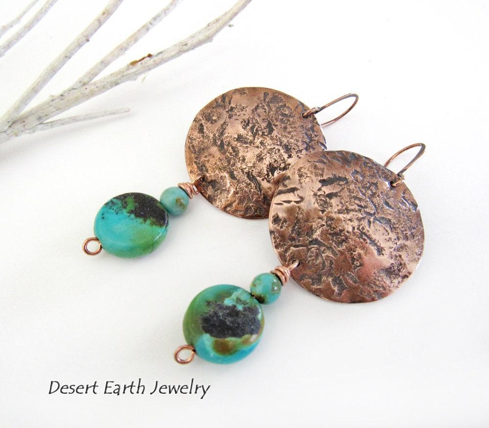 Hammered Copper Earrings with Natural Turquoise Stone Dangles - Artisan Handmade Rustic Earthy Jewelry