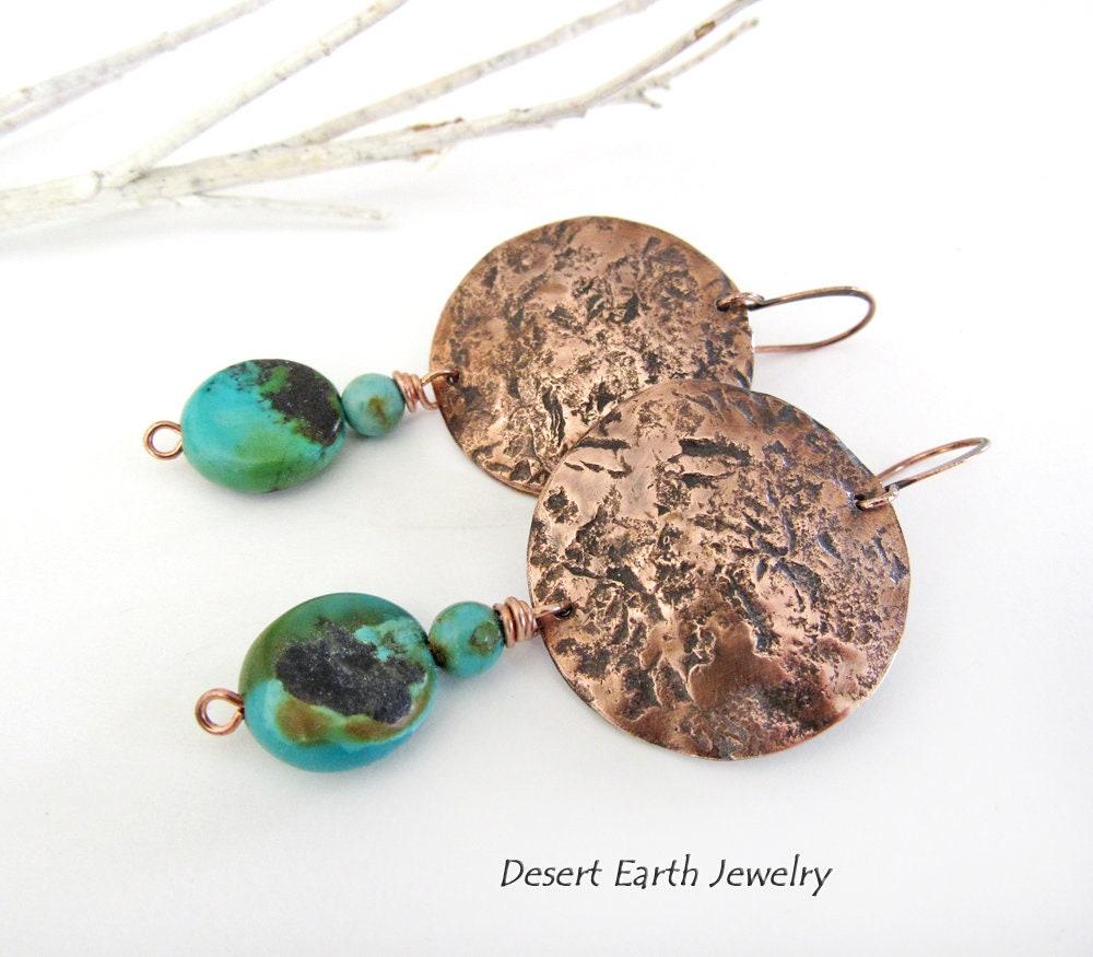 Hammered Copper Earrings with Natural Turquoise Stone Dangles - Artisan Handmade Rustic Earthy Jewelry