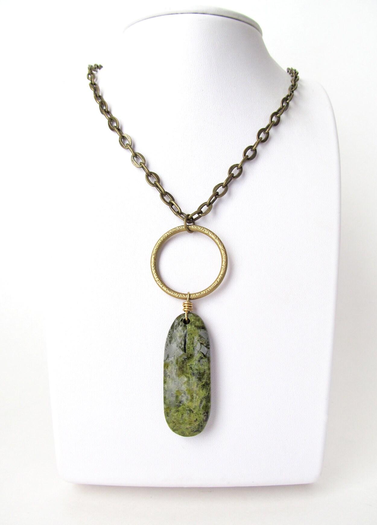 Brass Circle Pendant Necklace with Dangling Green Jasper Stone - Natural Earthy Jewelry