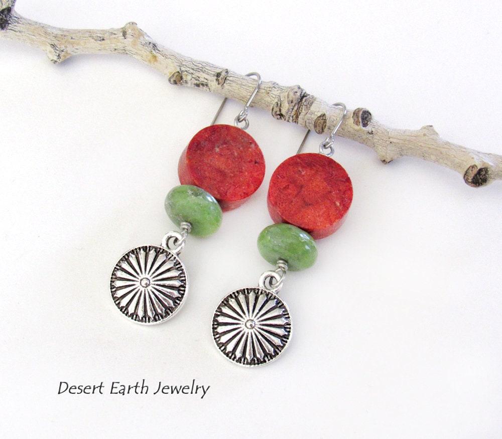 Silver Concho Dangle Earrings with Red Coral & Green Serpentine Stones - Colorful Boho Southwestern Jewelry