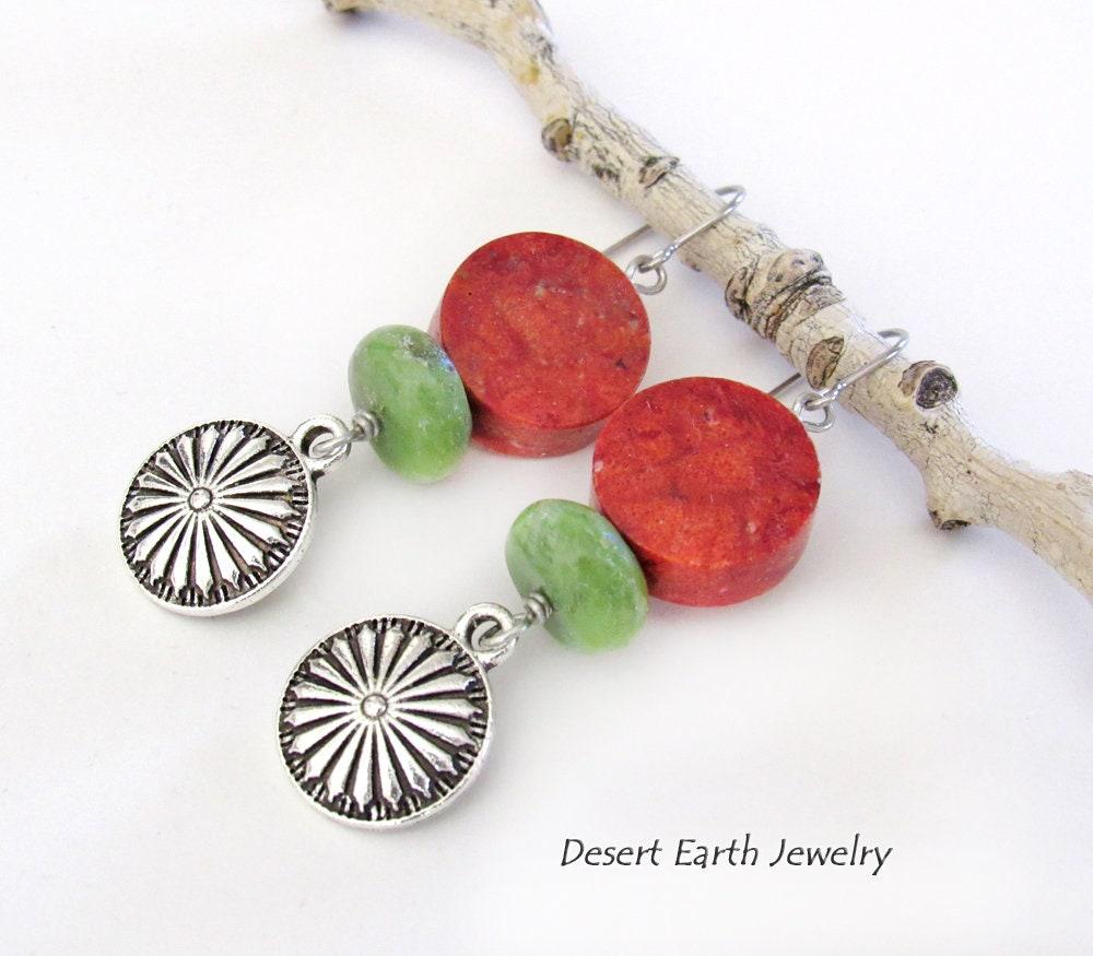 Silver Concho Dangle Earrings with Red Coral & Green Serpentine Stones - Colorful Boho Southwestern Jewelry