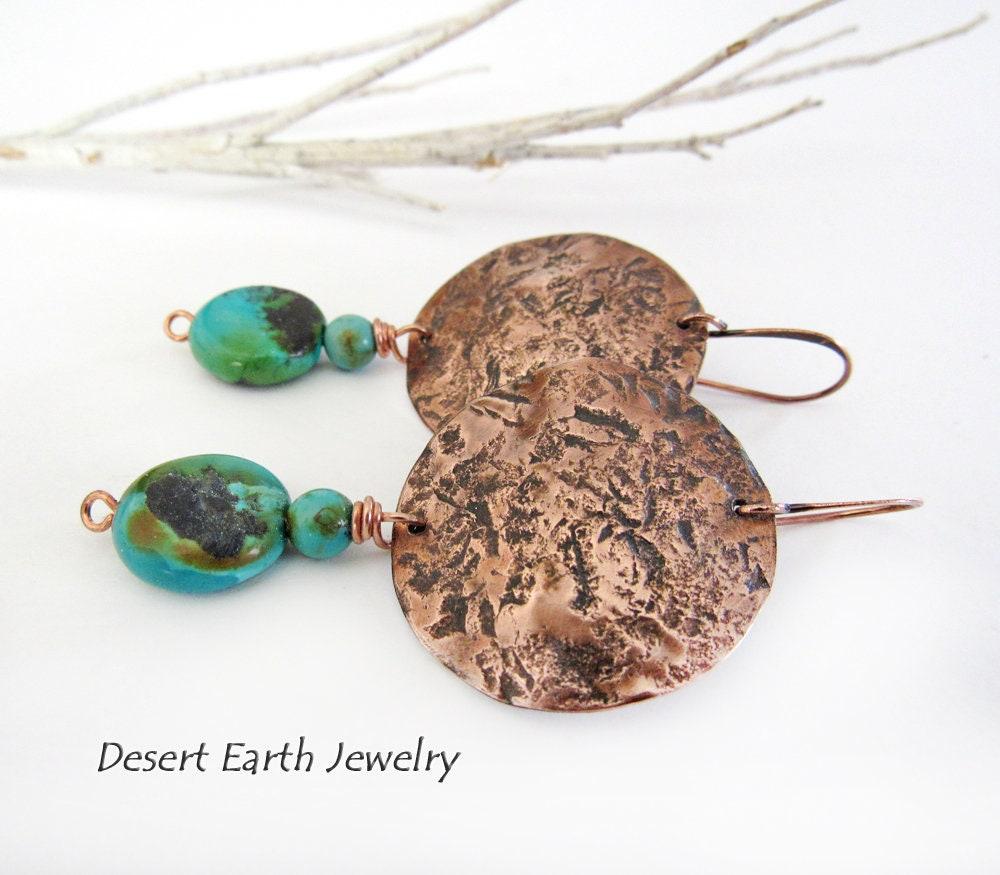 Hammered Copper Earrings with Natural Turquoise Stone Dangles - Artisan Handmade Rustic Earthy Jewelry