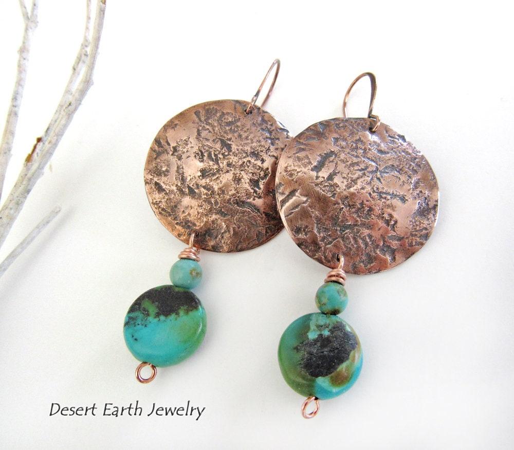 Hammered Copper Earrings with Natural Turquoise Stone Dangles - Artisan Handmade Rustic Earthy Jewelry