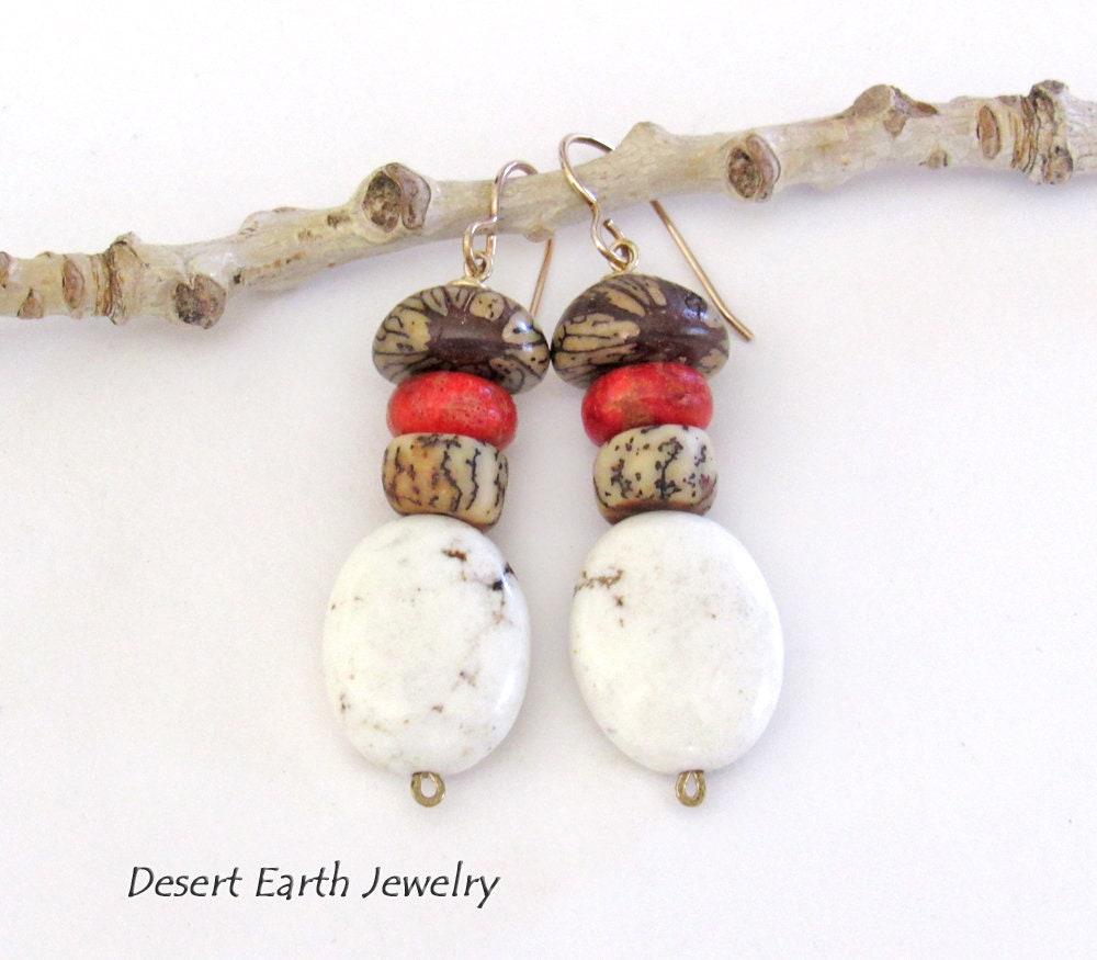 Boho Beaded Dangle Earrings with Red Coral, Magnesite Stones & Buri Nut Beads 