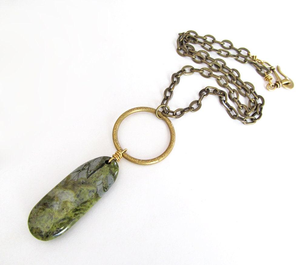 Brass Circle Pendant Necklace with Dangling Green Jasper Stone - Natural Earthy Jewelry