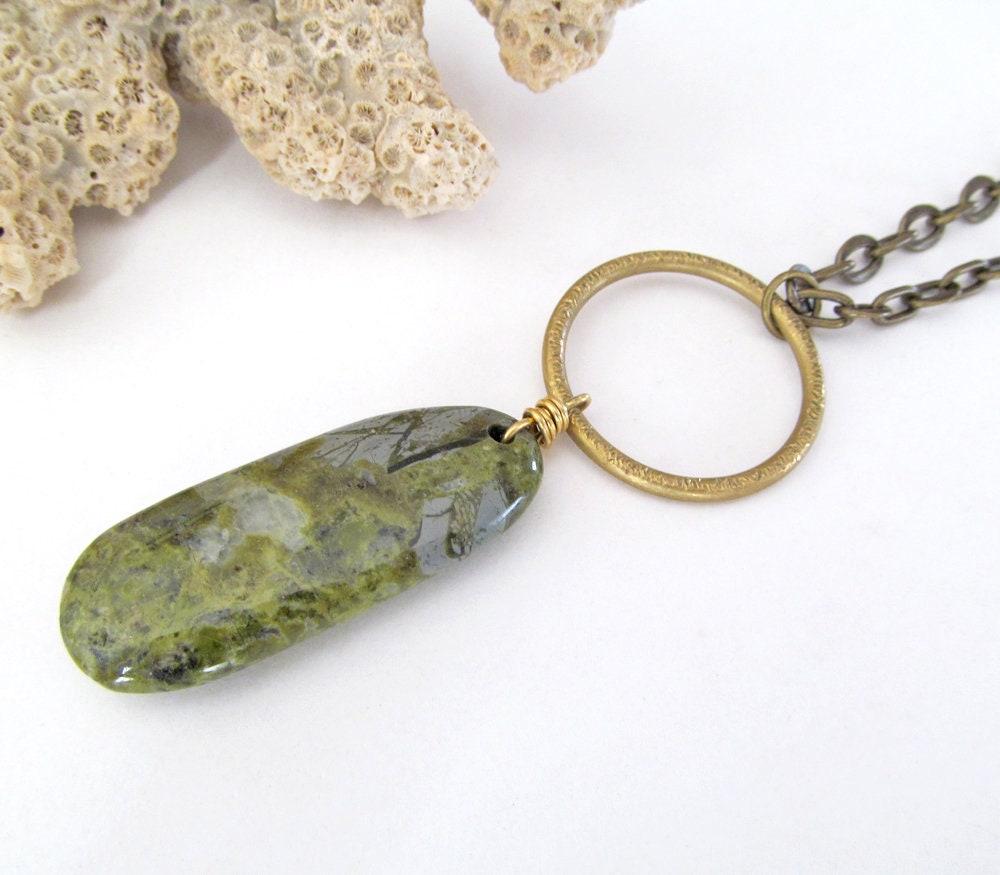 Brass Circle Pendant Necklace with Dangling Green Jasper Stone - Natural Earthy Jewelry