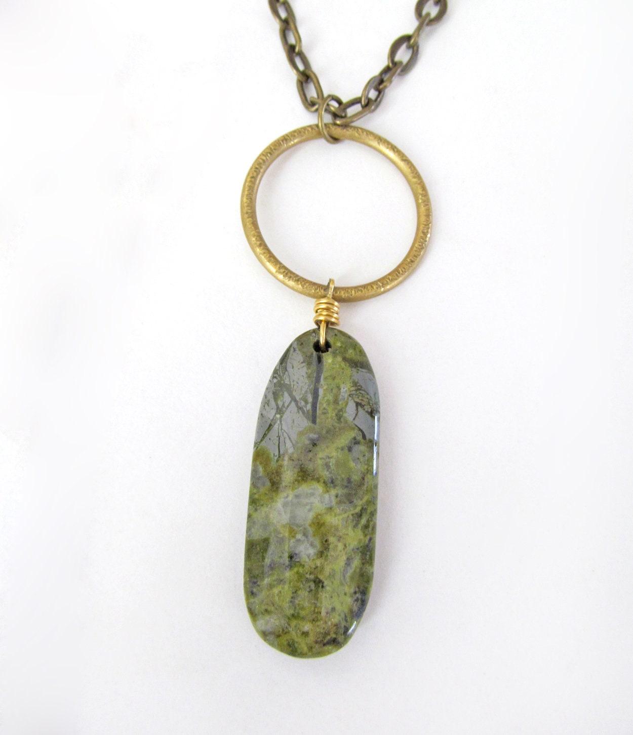 Brass Circle Pendant Necklace with Dangling Green Jasper Stone - Natural Earthy Jewelry