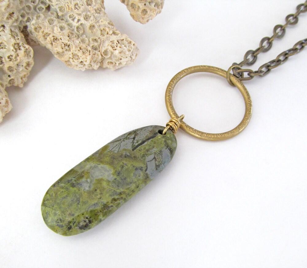 Brass Circle Pendant Necklace with Dangling Green Jasper Stone - Natural Earthy Jewelry