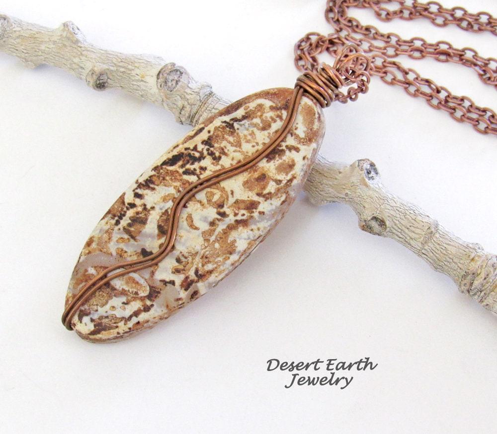 Rusty Brown Agate Stone Necklace with Copper Chain Earthy Rustic Wire Wrapped Natural Stone Jewelry for Men Women