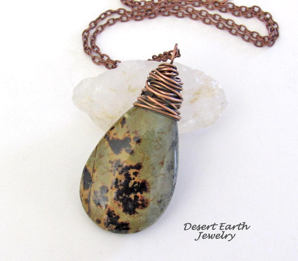 Paintbrush Jasper Pendant Necklace Wire Wrapped in Copper - Rustic Earthy Natural Jasper Stone Jewelry