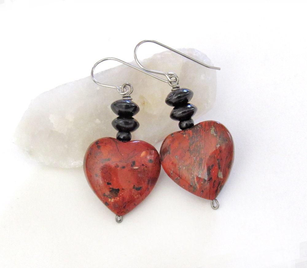 Brecciated Red Jasper Heart Earrings with Black Onyx  Gemstones
