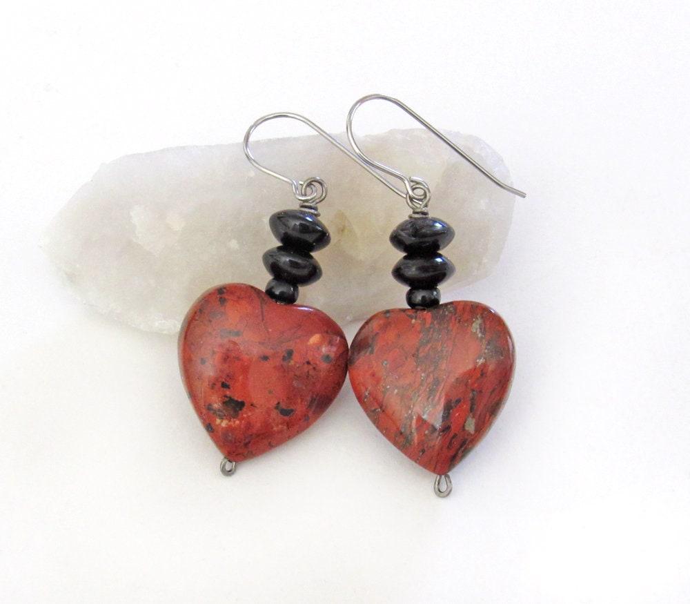 Brecciated Red Jasper Heart Earrings with Black Onyx  Gemstones