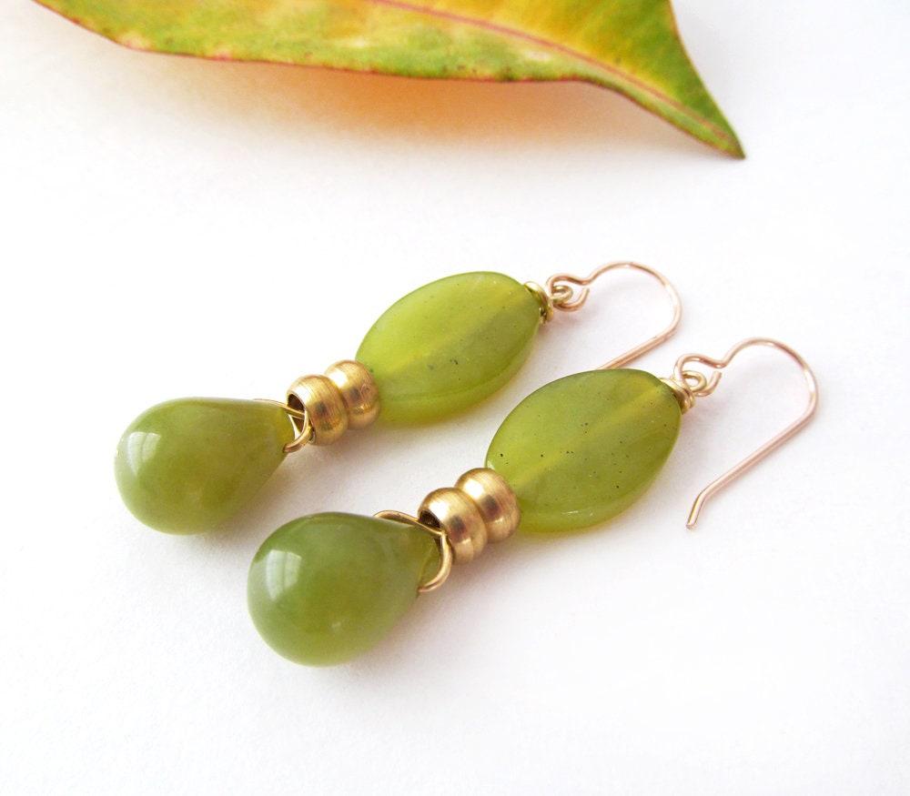 Green Olive Jade Drop Earrings - Modern Gemstone Jewelry