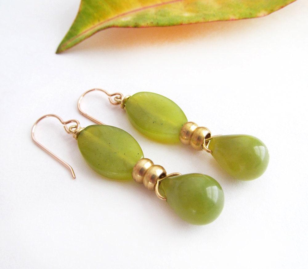 Green Olive Jade Drop Earrings - Modern Gemstone Jewelry